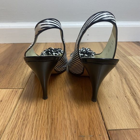 Bally Pom Pom Peep Toe Heels Black White Stripe Slingback, Size 6. 3” Heel‎ - Picture 5 of 13